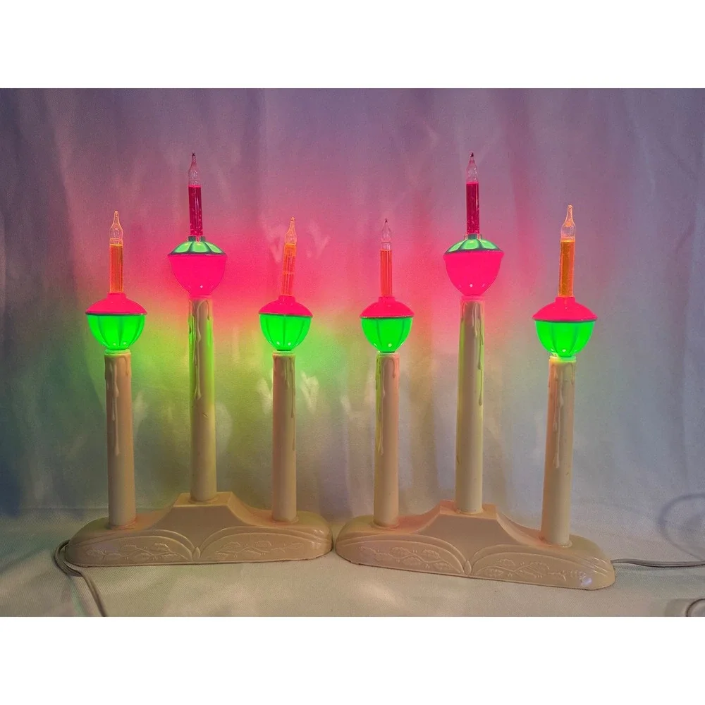 Vintage Christmas Bubble Light Candelabra Pair Red Green 3-Light